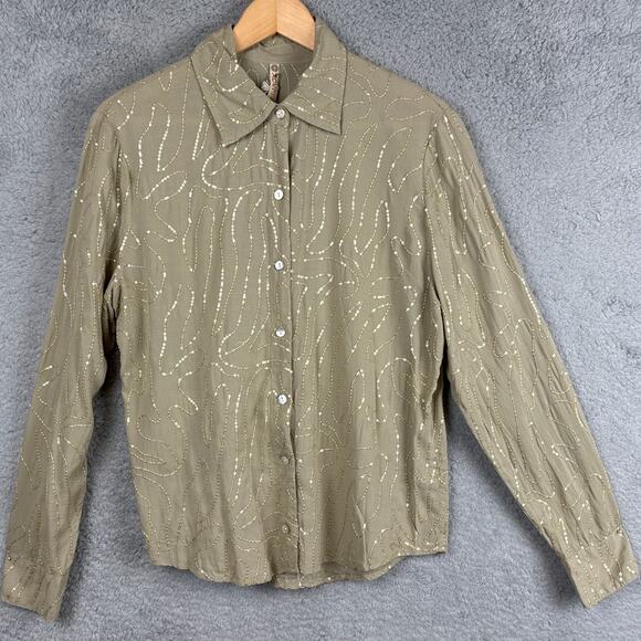 XCVI Seraphina Button Up Blouse Sand Lime Sequins Size S NWT Fall Style Elevated - Picture 4 of 12